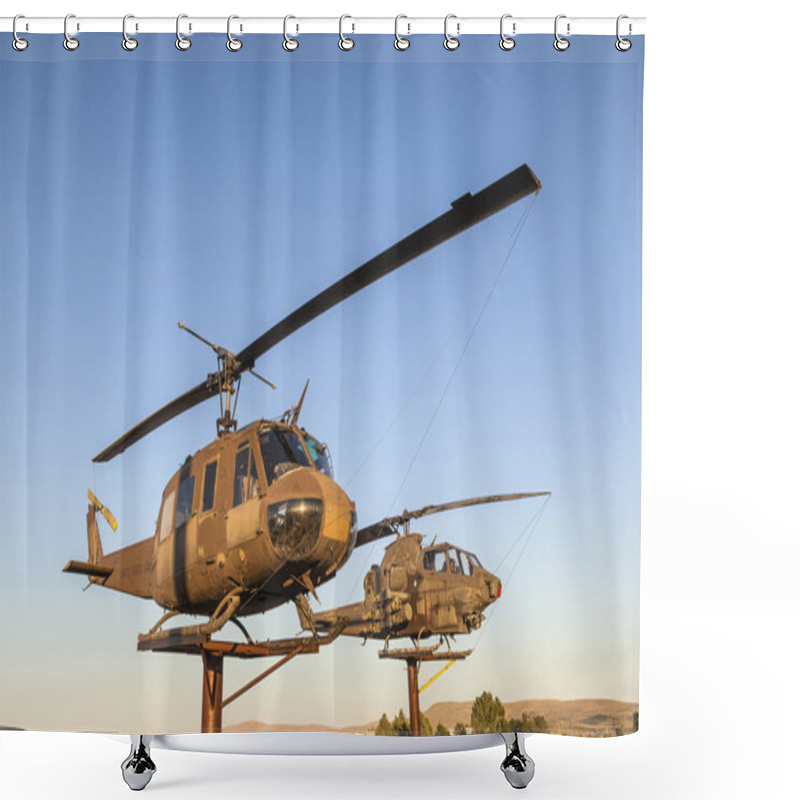 Personality  Helicopter At Veterans Memorial In Susanville Under Blue Sky Shower Curtains