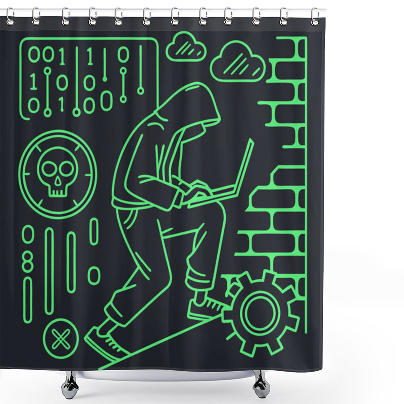 Personality  A Bold Vector Featuring Hacker Motifs In Neon Green Against Dark Backgrounds, Symbolizing Cybersecurity, Hacking Culture, And Technology. Shower Curtains