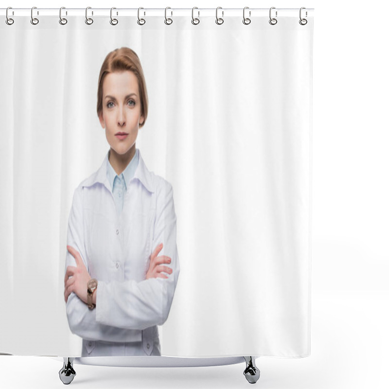 Personality  Young Attractive Female Doctor With Arms Folded Isolated On White Shower Curtains