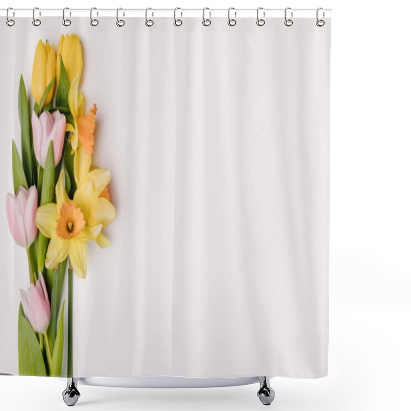 Personality  Flat Lay With Arranged Beautiful Tulips And Narcissus Flowers Isolated On White Shower Curtains