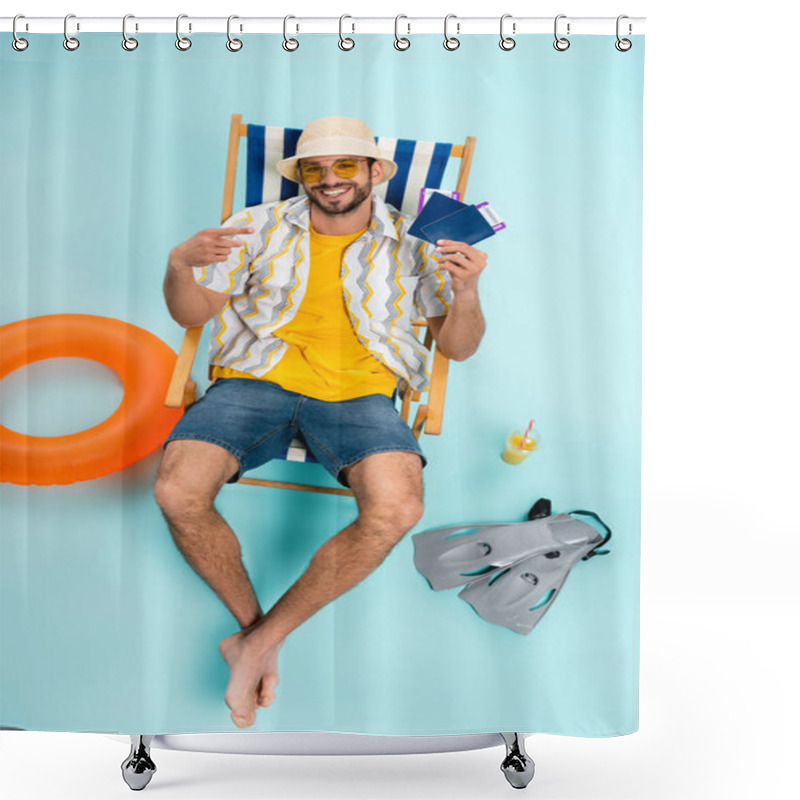 Personality  High Angle View Of Smiling Man Pointing At Passports Near Swimming Flippers, Orange Juice And Inflatable Ring On Blue Background  Shower Curtains