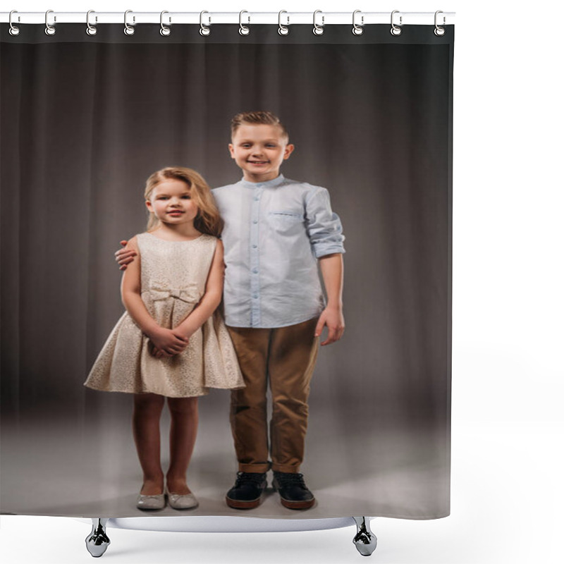 Personality  Happy Little Couple Hugging, On Grey Shower Curtains