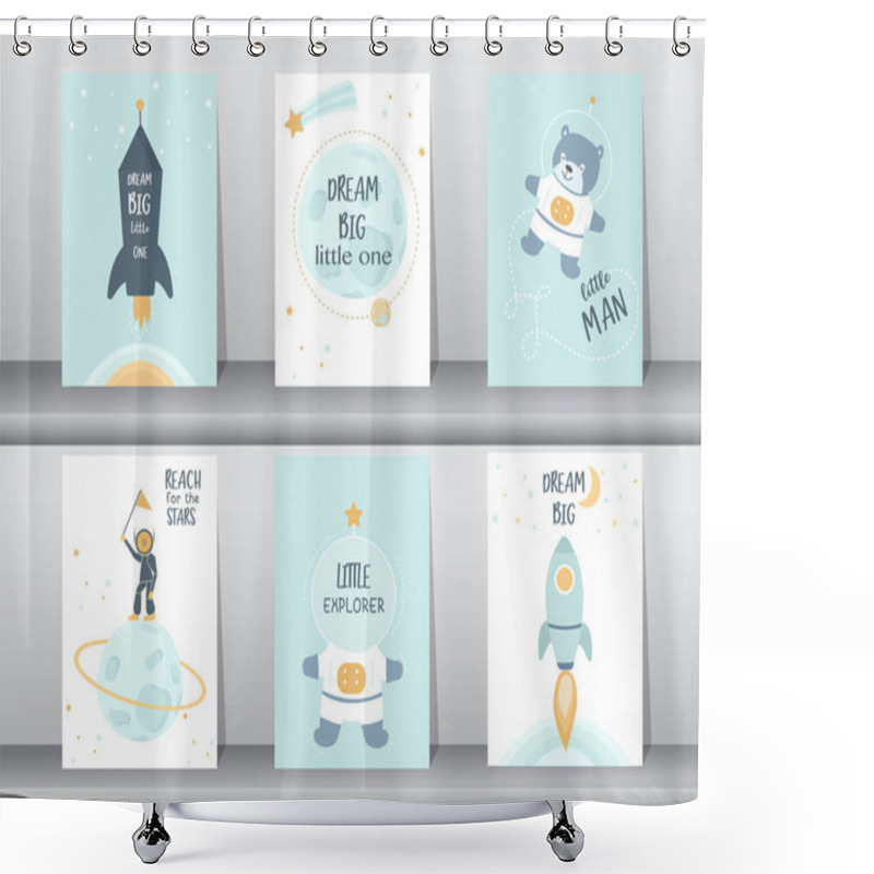 Personality  Set Of Cute Space For Kids,Illustration Of An Astronaut, Spaceship, Rocket, UFO, Sky ,Vector Eps10. Shower Curtains