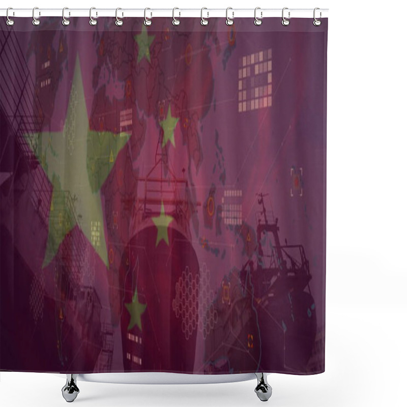 Personality  Image Of Ships And Data Processing Over Flag Of China. Chinese, Business, Shipping, Industry, Transport And Communication, Digitally Generated Image. Shower Curtains