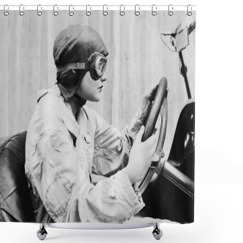 Personality  Portrait Of Female Racecar Driver Shower Curtains