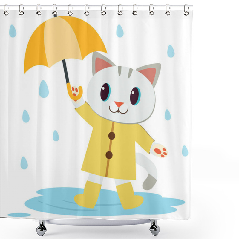 Personality  The Character Of Cute Cat Wear The Yellow Raincoat And Boots And Holding Yellow Umbrella  Shower Curtains