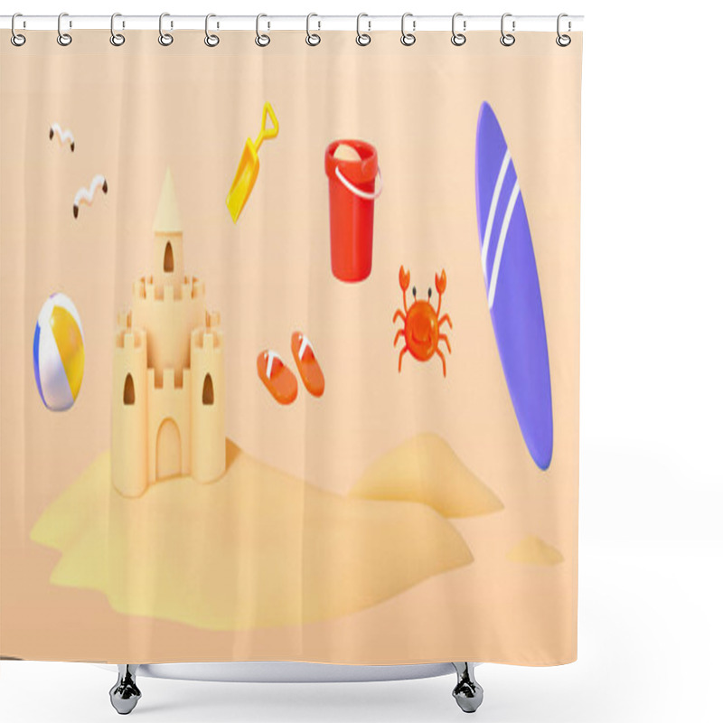 Personality  3d Summer Beach Objects. Illustration Of Sand Castle, Sandcastle Tool Kit And Surfboard, Etc. Shower Curtains