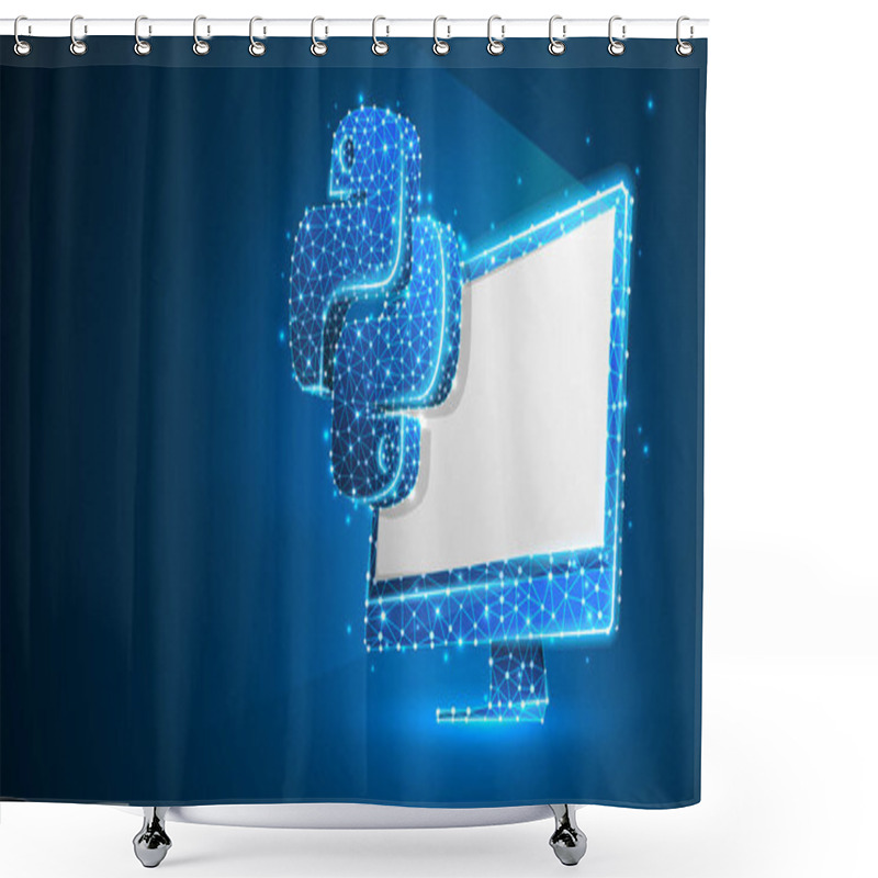 Personality  Python Coding Language Sign On White Computer Monitor. Device, Programming, Developing Concept. Abstract, Digital, Wireframe, Low Poly Mesh, Vector Blue Neon 3d Illustration. Triangle, Line, Dot, Star Shower Curtains