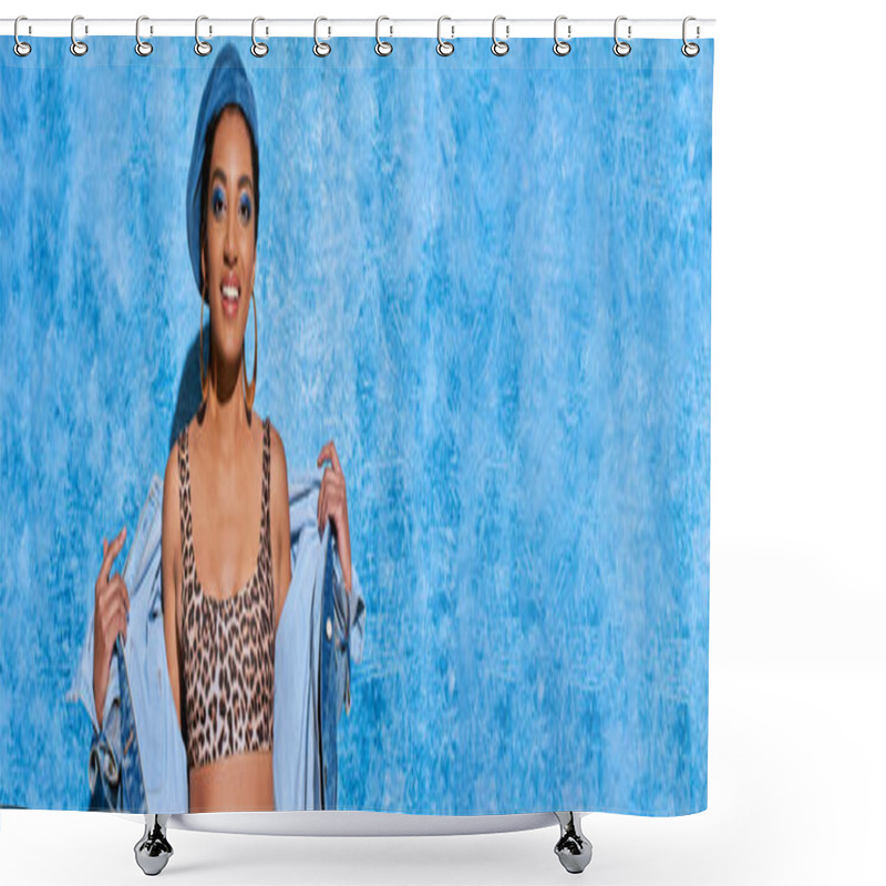 Personality  Trendy And Smiling African American Model With Golden Earrings And Vivid Makeup Posing In Top With Animal Print And Denim Jacket On Blue Textured Background, Stylish Denim Attire, Banner  Shower Curtains