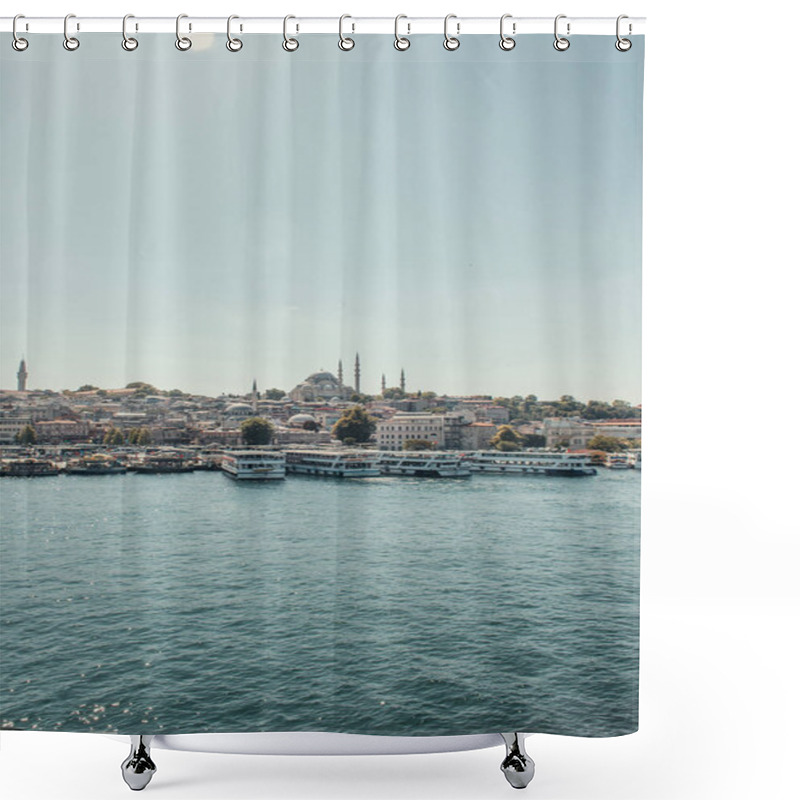 Personality  Vessels Moored On Seashore, And View Of City From Bosphorus Strait, Istanbul, Turkey Shower Curtains