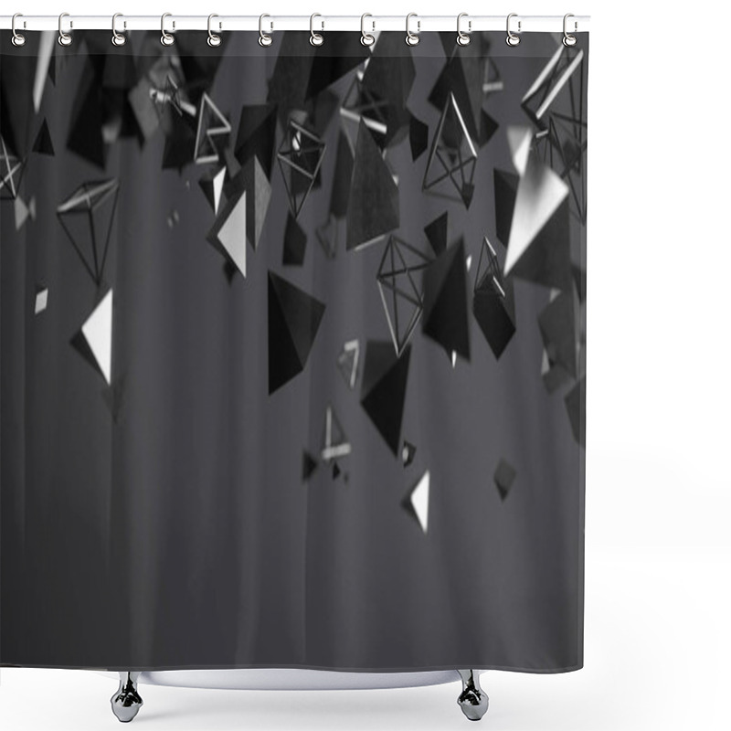 Personality  Flying Chaotic Metal Pyramids Background 3D Rendering Shower Curtains