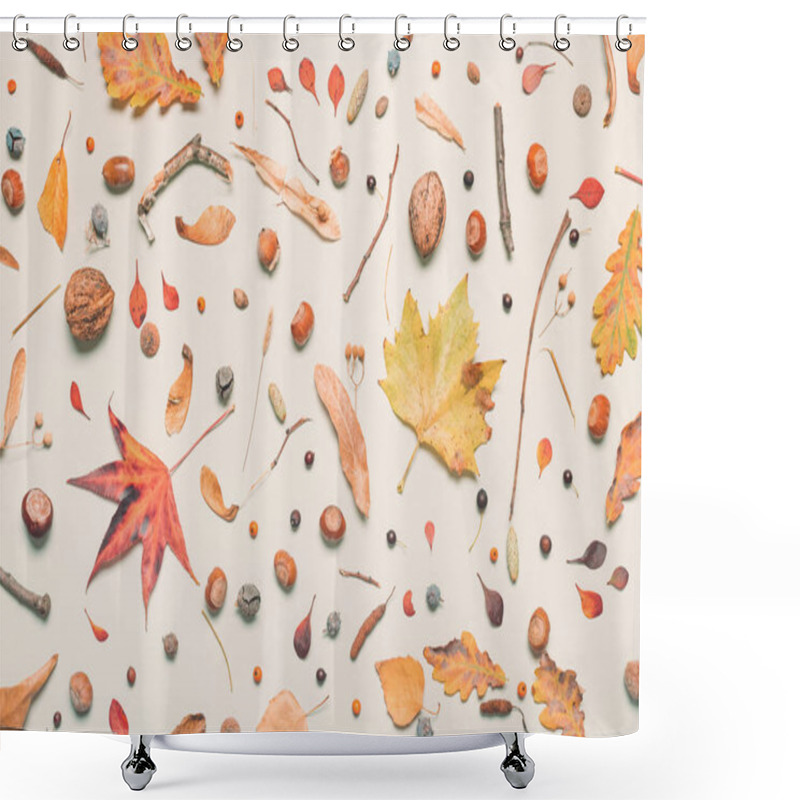 Personality  Flat Lay Autumn Season Decoration, Top View Of Leaves And Branches Pattern For Background Shower Curtains