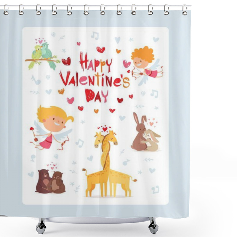 Personality  Coupidone Kids, Happy Valentines Day Festive Card, Vector Illustration. Congratulaton Poster, Little Angels. Vertical Template Shower Curtains