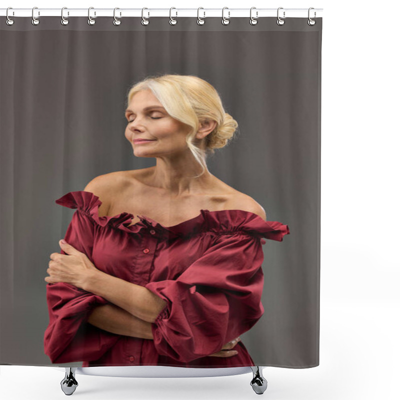 Personality  A Mature, Elegant Woman In A Red Shirt Strikes A Pose. Shower Curtains