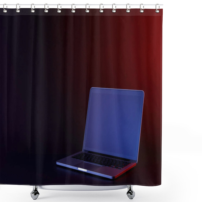 Personality  One Open Laptop With Reflecting Screen On Dark Surface Shower Curtains