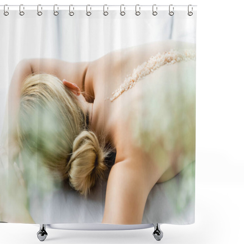 Personality  Woman Lying On Massage Mat With Sea Salt On Back  Shower Curtains