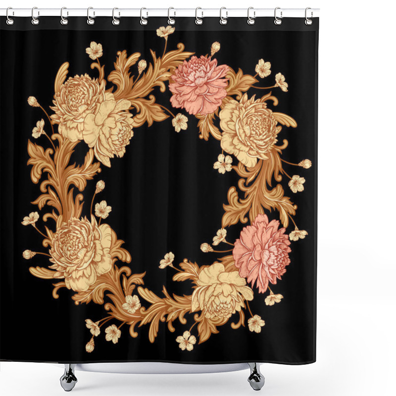 Personality  Peonies And Baroque Style Ornament Details. Wreath. Shower Curtains