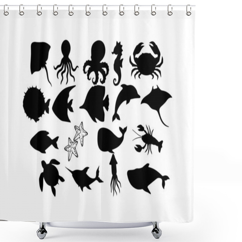 Personality  Silhouettes Of Diverse Marine Life Creatures. Vector Icon. Shower Curtains