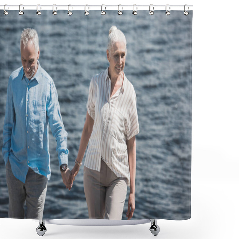 Personality  Smiling Elderly Couple Walking On Riverside Shower Curtains