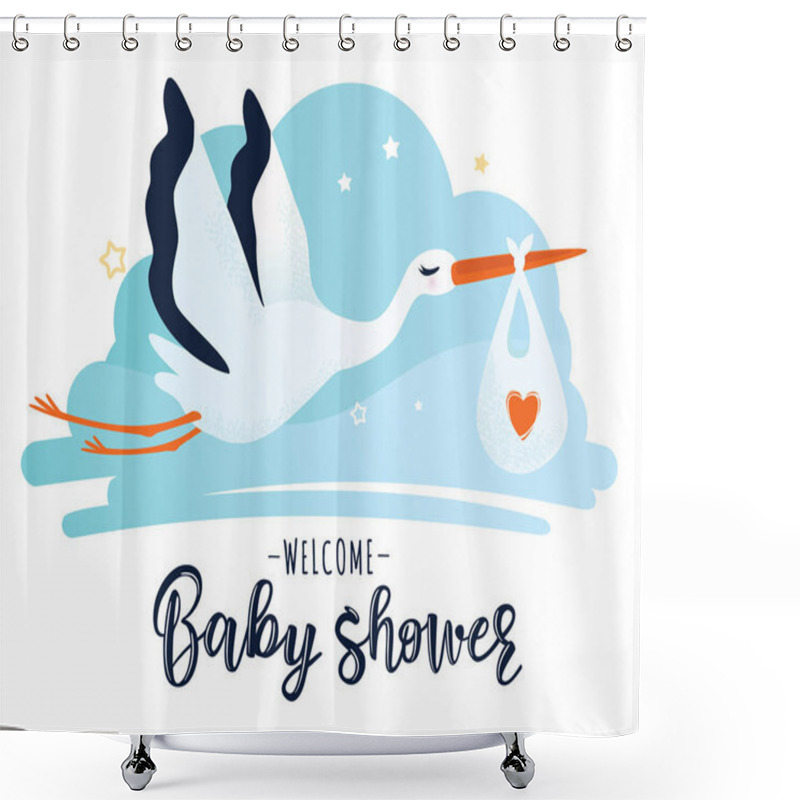 Personality  Vector Illustration Of A Baby Shower Invitation With Stork Shower Curtains