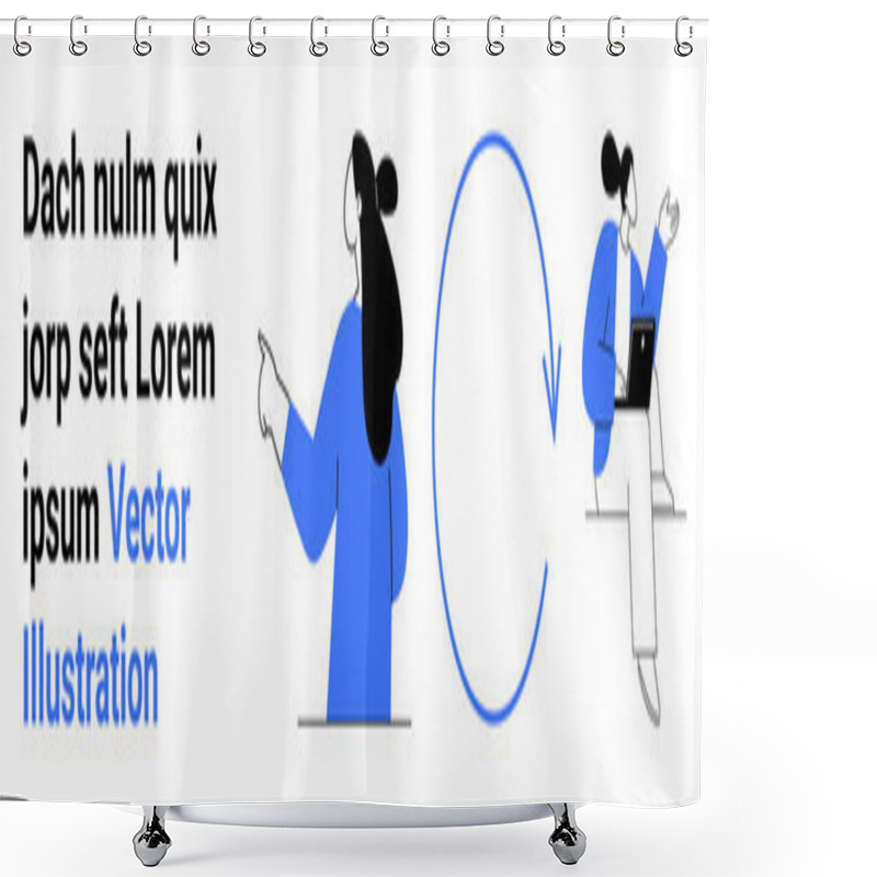 Personality  Businesswoman Sits Using Laptop, Points At Text Next To A Circular Arrow, Suggesting Workflow Or Cyclic Process. Ideal For Business Presentations, Tutorials, Educational Content, Workflow Diagrams Shower Curtains