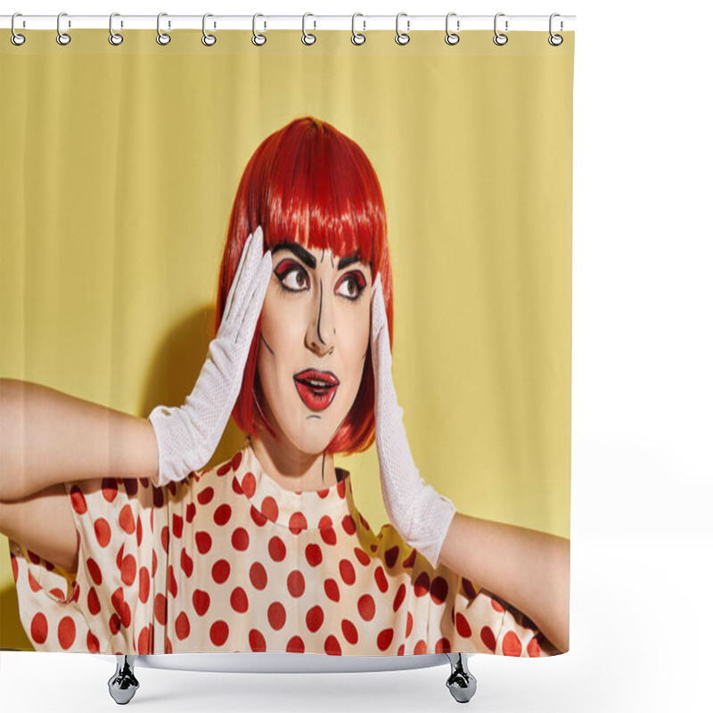 Personality  A Stunning Redhead With Pop Art Makeup Rocks A Polka Dot Dress Against A Yellow Backdrop, Embodying A Comic Book Character. Shower Curtains