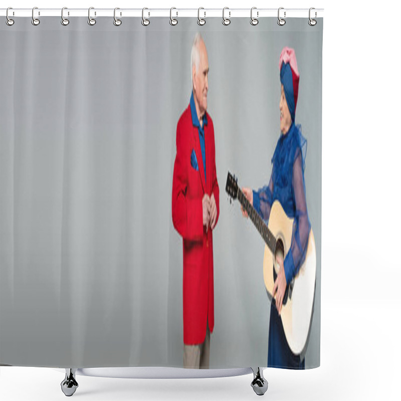 Personality  Smiling Elderly Woman In Blue Dress And Turban Holding Acoustic Guitar Near Man In Red Blazer Isolated On Grey, Banner Shower Curtains