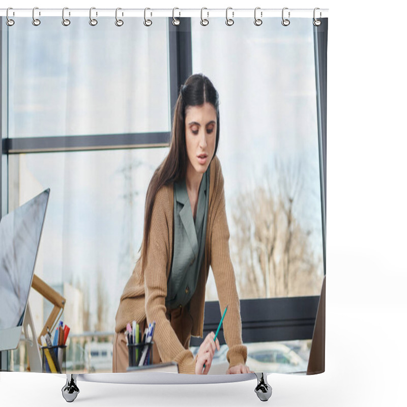 Personality  A Woman In Corporate Setting, Focused On Task Of Writing At Desk. Shower Curtains