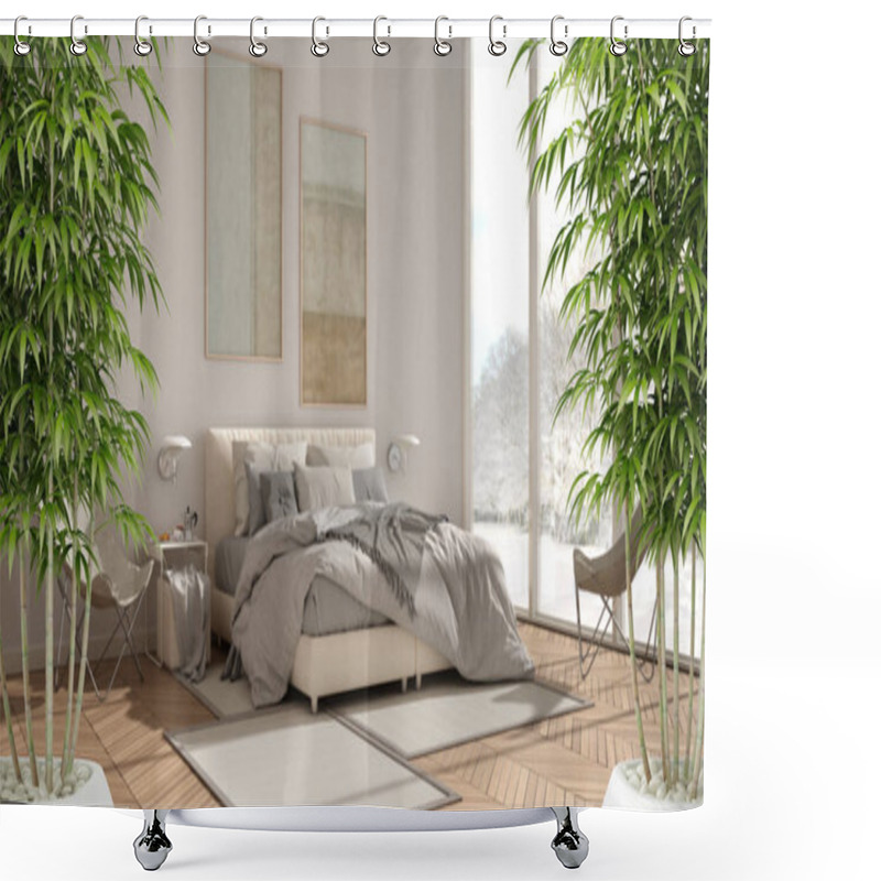 Personality  Zen Interior With Potted Bamboo Plant, Natural Interior Design Concept, Minimalist Luxury Bedroom With Carpets, Double Bed And Window, Contemporary Modern Architecture Concept Idea Shower Curtains