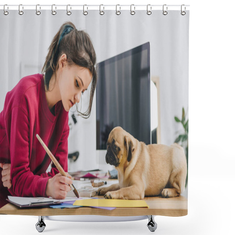 Personality  Cute Pug Looking At Girl Working On Illustrations On Working Table With Computer Shower Curtains