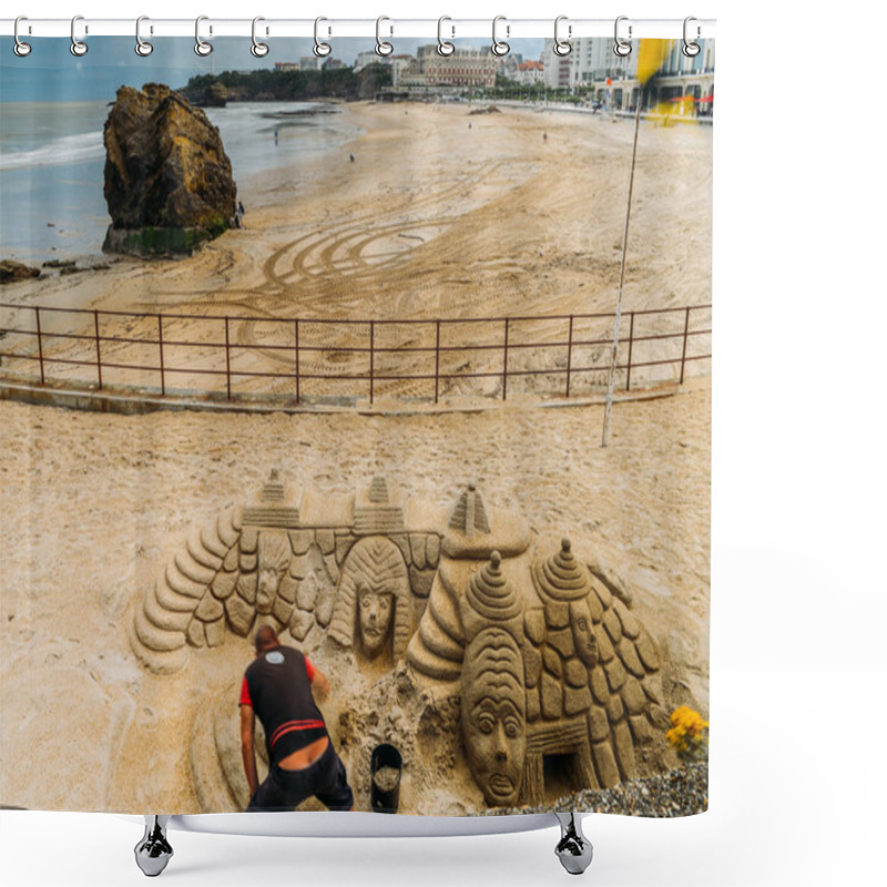 Personality  Man Builds An Elaborate Sand Castle At The Grande Plage Beach In Biarritz, Aquitaine, France Shower Curtains