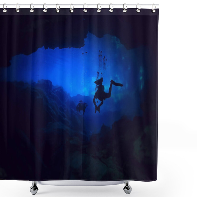 Personality  Cave Diving, Diver Underwater, Dark Cave, Cavern Landscape Shower Curtains