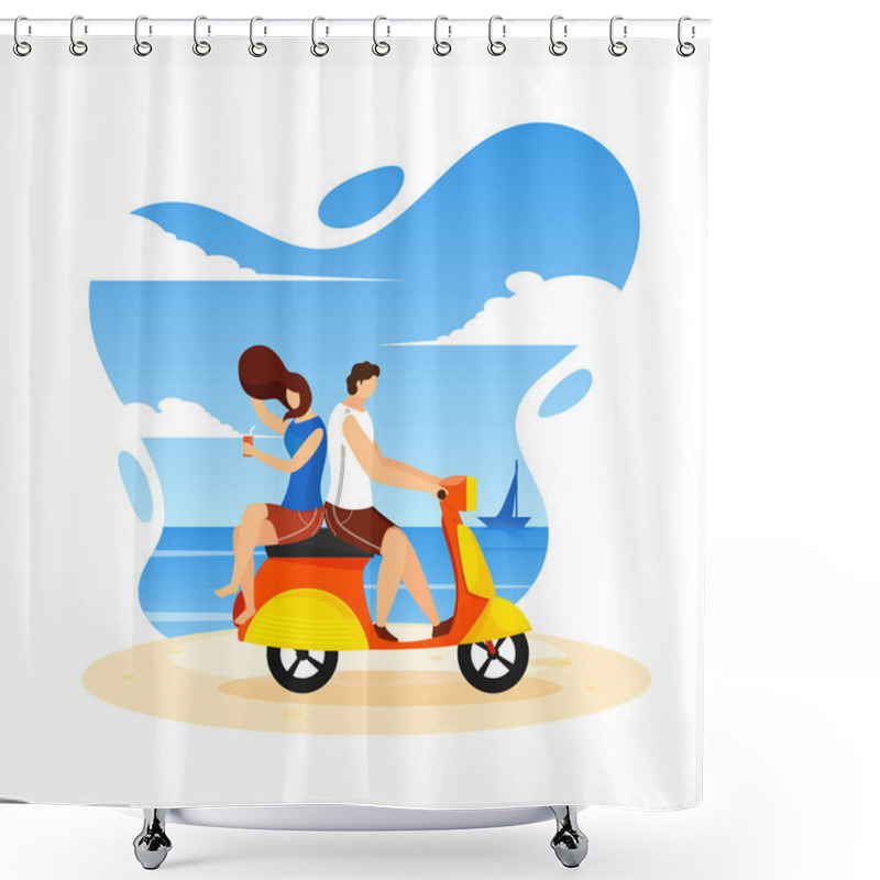 Personality  Young Couple Riding Scooter On Beach Background. Can Be Used As  Shower Curtains