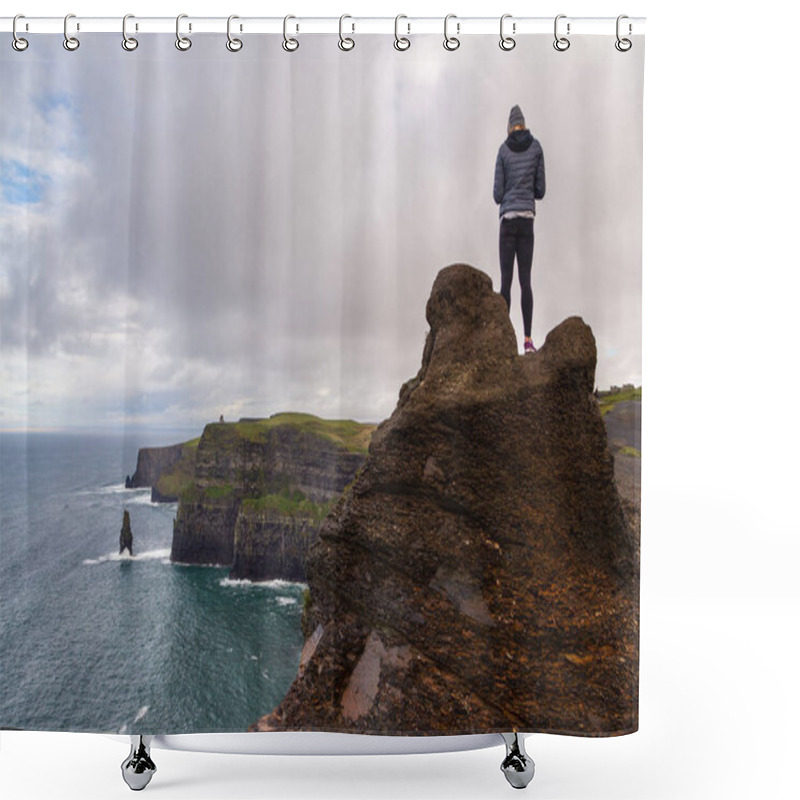 Personality  Cliffs Of Moher, Burren Way, Ireland- 07 November 2015: People Walking And Staying At The Cliffs Of Moher Located At The Edge Of The Burren Region In County Clare,. Shower Curtains