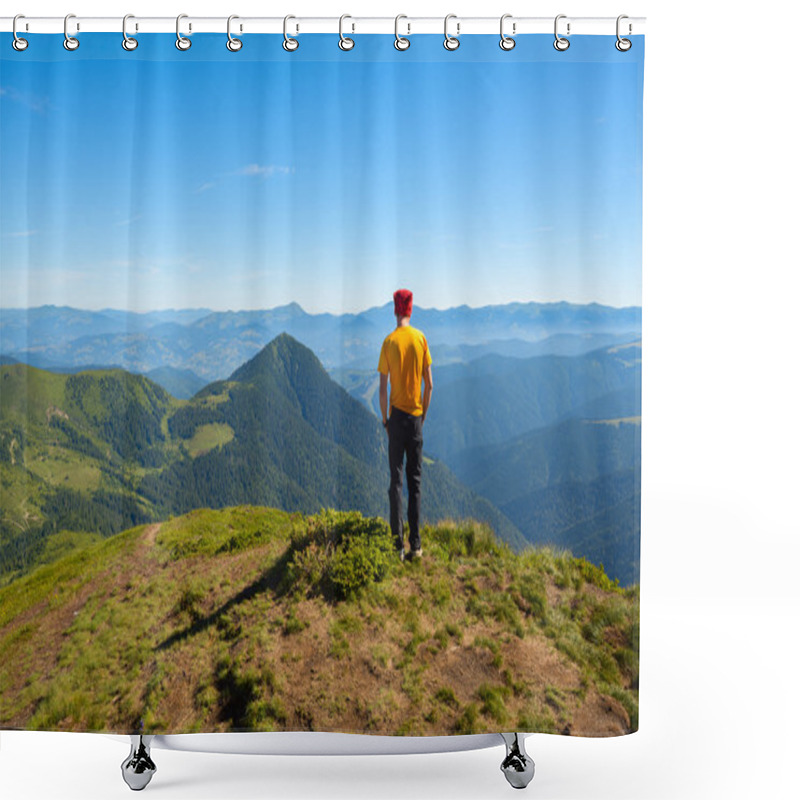 Personality  Resting Hiker Looking Into The Distance From The Top Of The Moun Shower Curtains