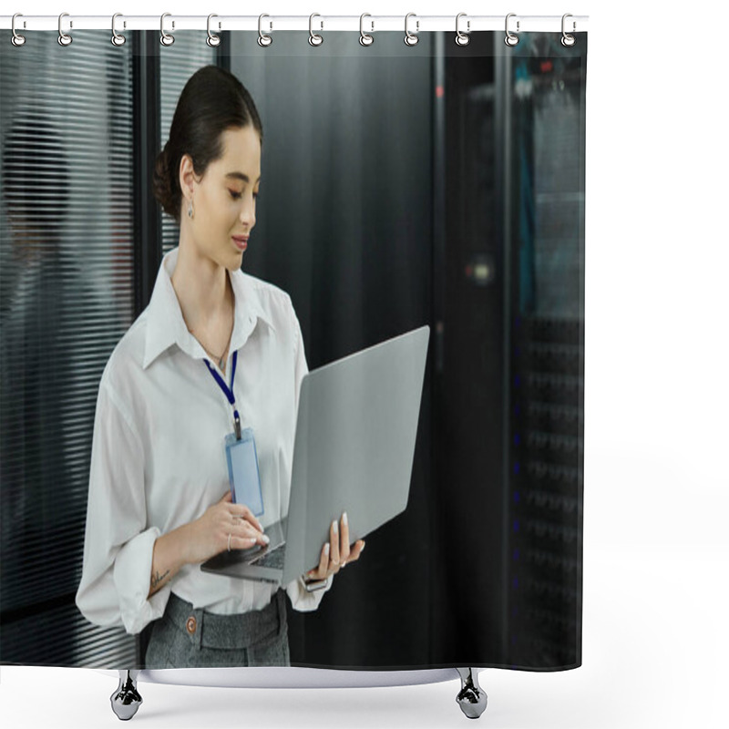 Personality  An IT Specialist In A White Shirt Works Diligently To Ensure System Security In A Server Room. Shower Curtains