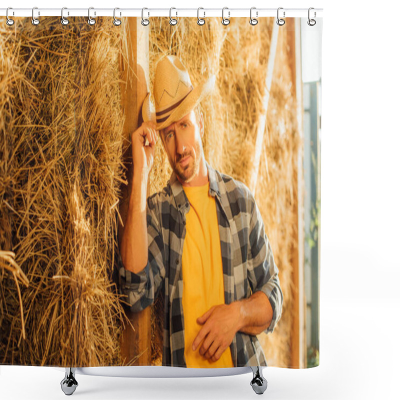 Personality  Rancher In Plaid Shirt Looking At Camera And Touching Straw Hat While Leaning On Hay Stack  Shower Curtains