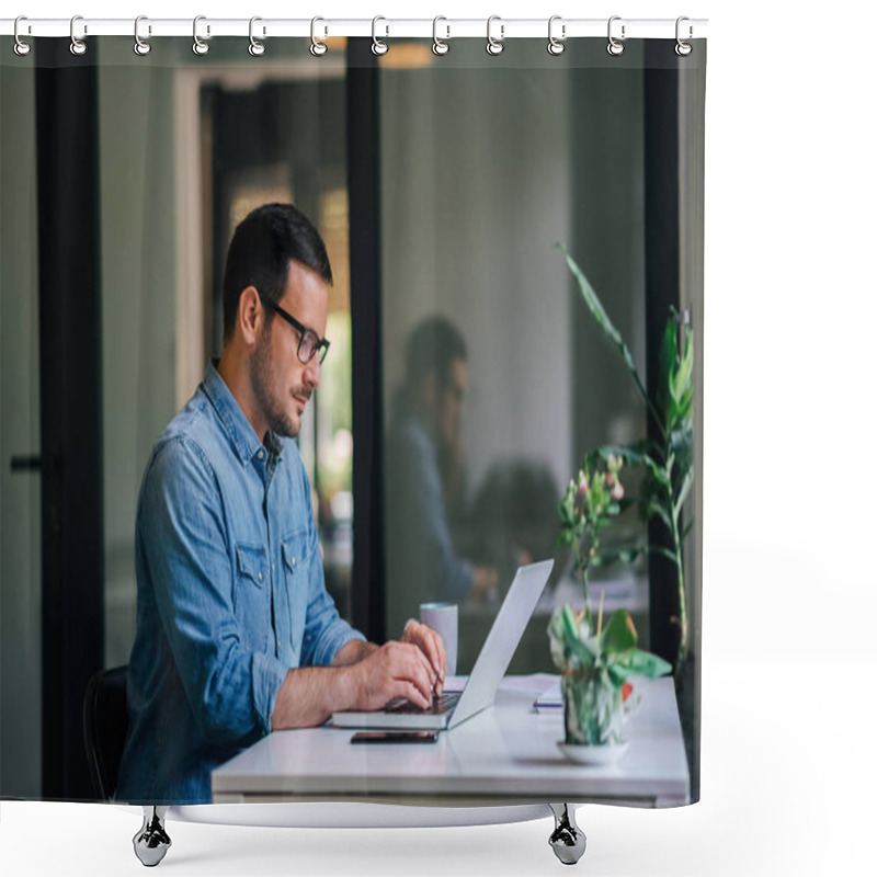 Personality  Serious Pensive Thoughtful Focused Young Casual Businessman Or Entrepreneur In Office Looking At And Working With Laptop Making And Typing Serious Important Business Email Shower Curtains