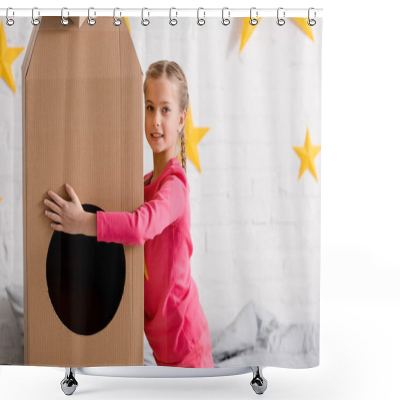 Personality  Laughing Preteen Kid In Pink Clothes Holding Big Cardboard Rocket Shower Curtains