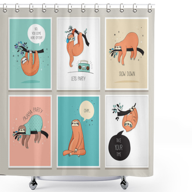 Personality  Cute Hand Drawn Sloths Illustrations, Funny Cards Shower Curtains