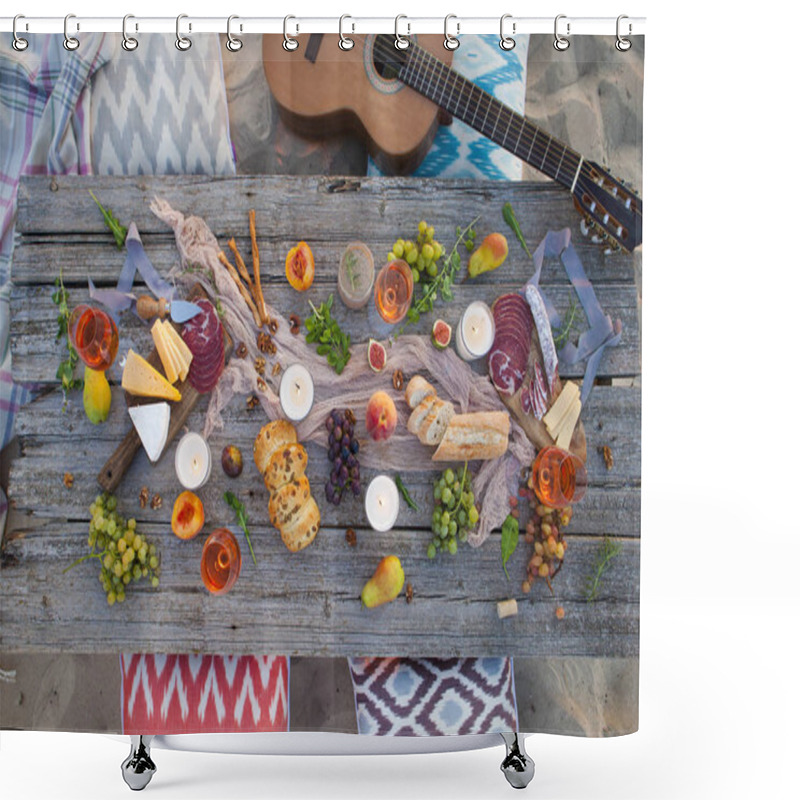 Personality  Picnic On The Beach At Sunset In Boho Style, Food And Drink Conc Shower Curtains