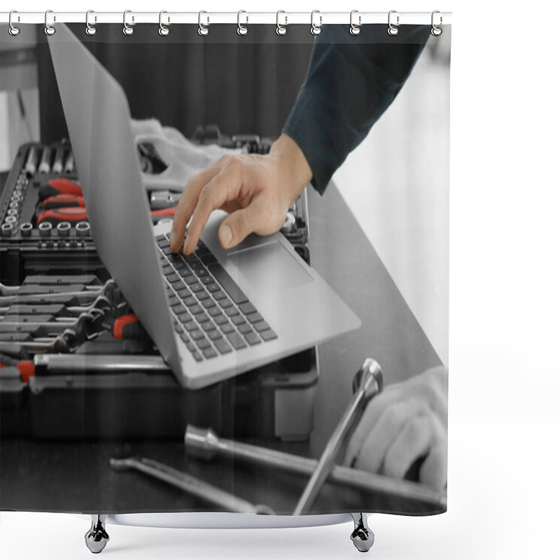 Personality  Auto Mechanic Working With Laptop Shower Curtains