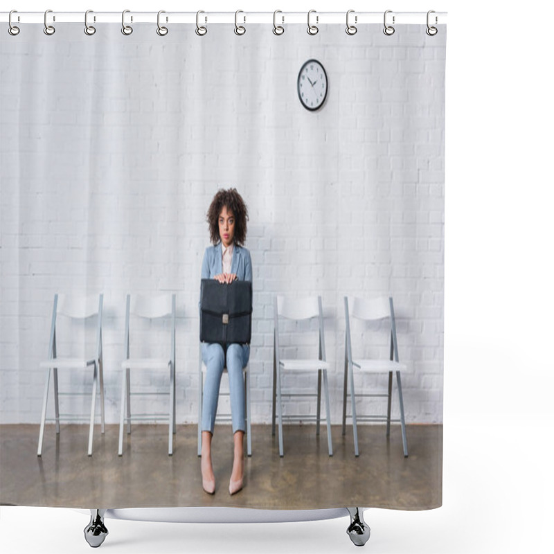 Personality  Tense Businesswoman With Briefcase Sitting On Chair And Waiting Shower Curtains