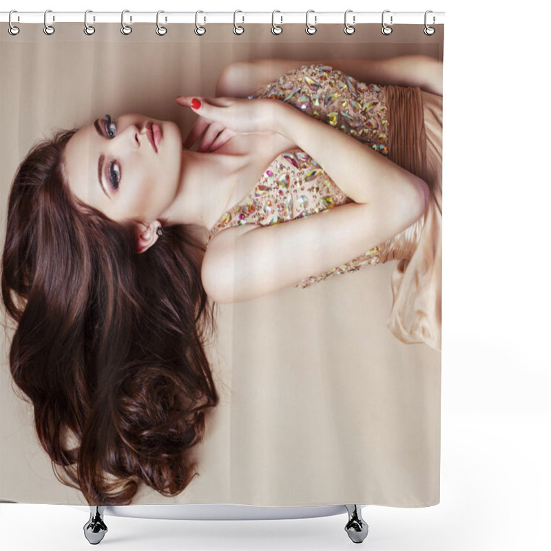 Personality  Beautiful Girl With Luxurious Dark Hair In Sequin Dress Posing At Studio  Shower Curtains