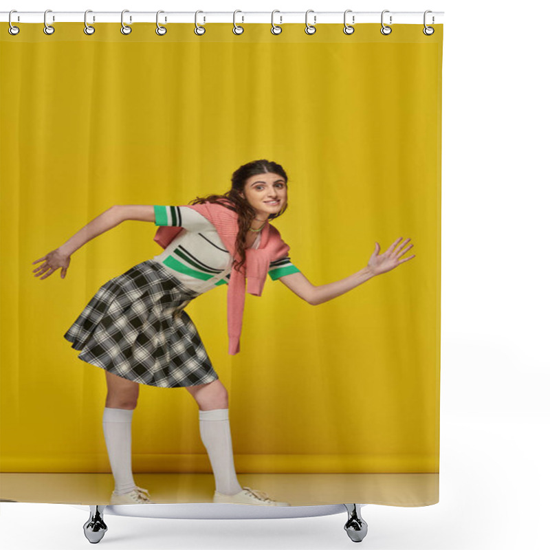 Personality  Happy Woman Acting Like A Doll, Gesturing Unnaturally, Standing On Yellow Backdrop, Young Student Shower Curtains