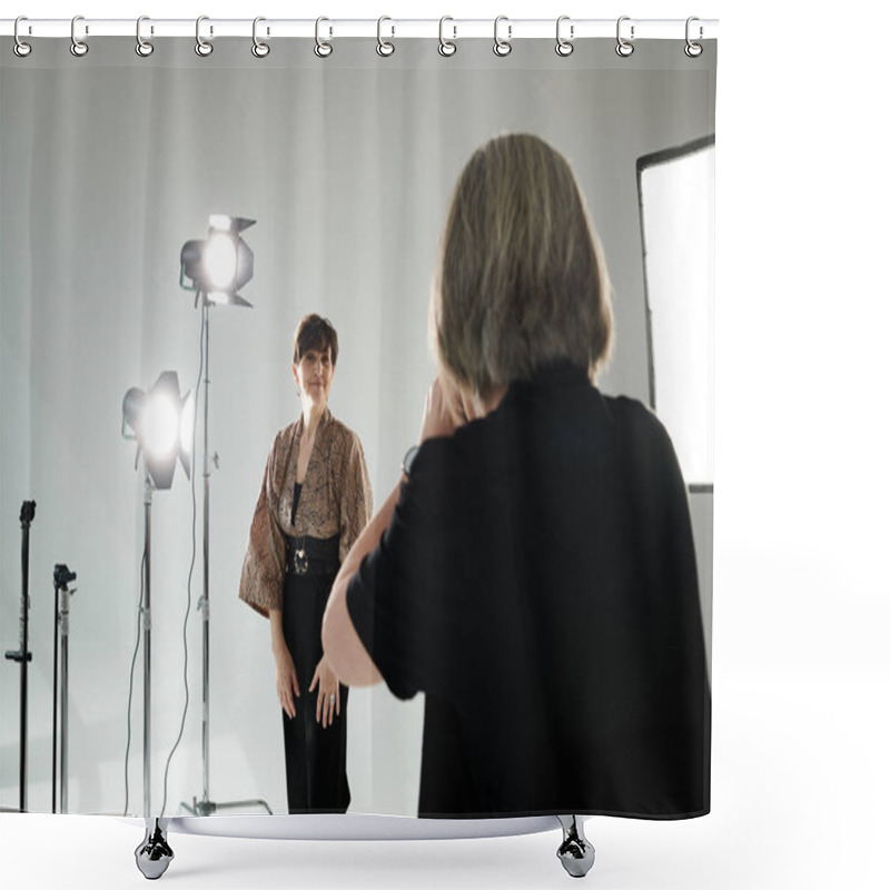 Personality  A Middle-aged Woman Stands Confidently In Front Of A Camera In A Bright, White Studio. Shower Curtains