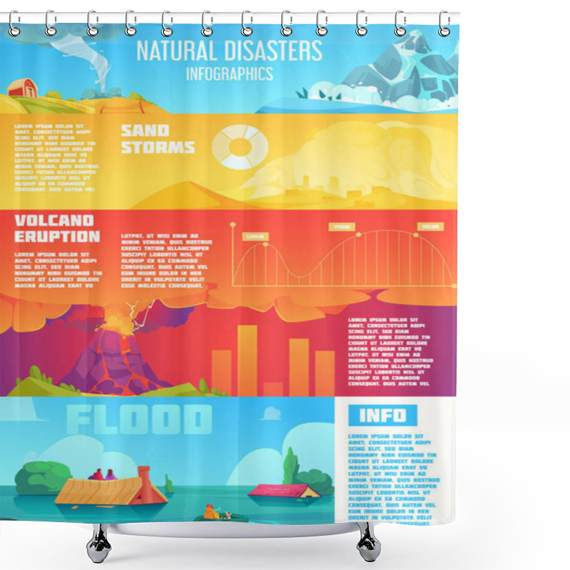 Personality  An Infographic Illustrating Various Natural Disasters Including Sand Storms, Volcano Eruptions, And Floods. Shower Curtains