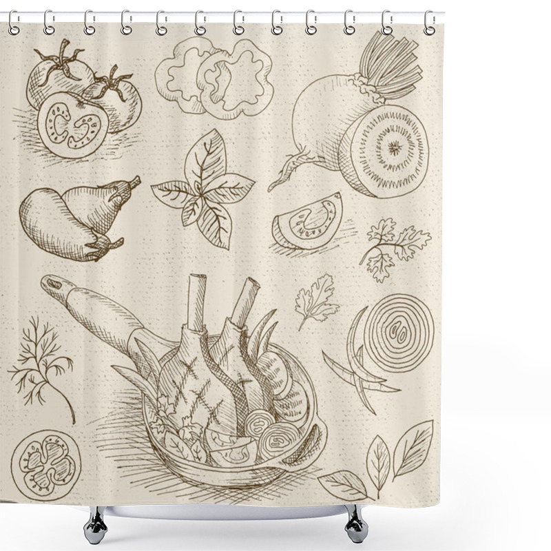 Personality  Set Of Chalk Drawn On A Blackboard Food, Spices. Shower Curtains