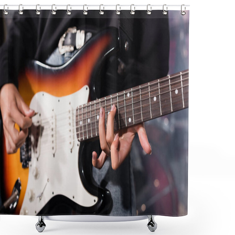 Personality  KYIV, UKRAINE - AUGUST 25, 2020: Cropped View Of Female Musician Playing Electric Guitar On Blurred Background Shower Curtains