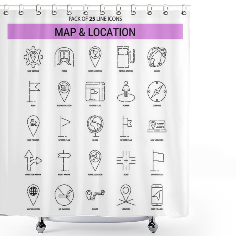 Personality  Map And Location Line Icon Set - 25 Dashed Outline Style Shower Curtains